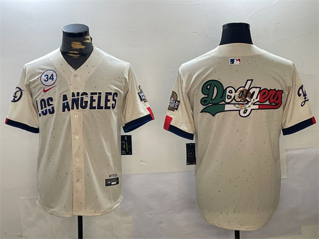 Los Angeles Dodgers Team Big Logo Cream 2024 World Series With No. 34 Patch Limited Stitched Jersey